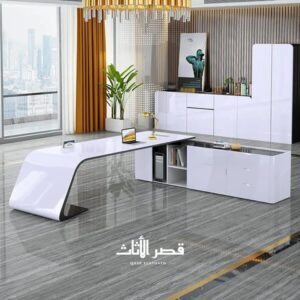 مكتب زاوية من الخشب والمعدن بتخزين مدمج، عرض 1