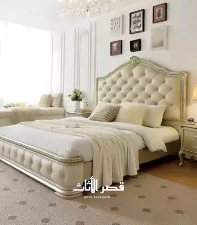 سرير خشب صلب بتنجيد جلدي مع تخزين مدمج