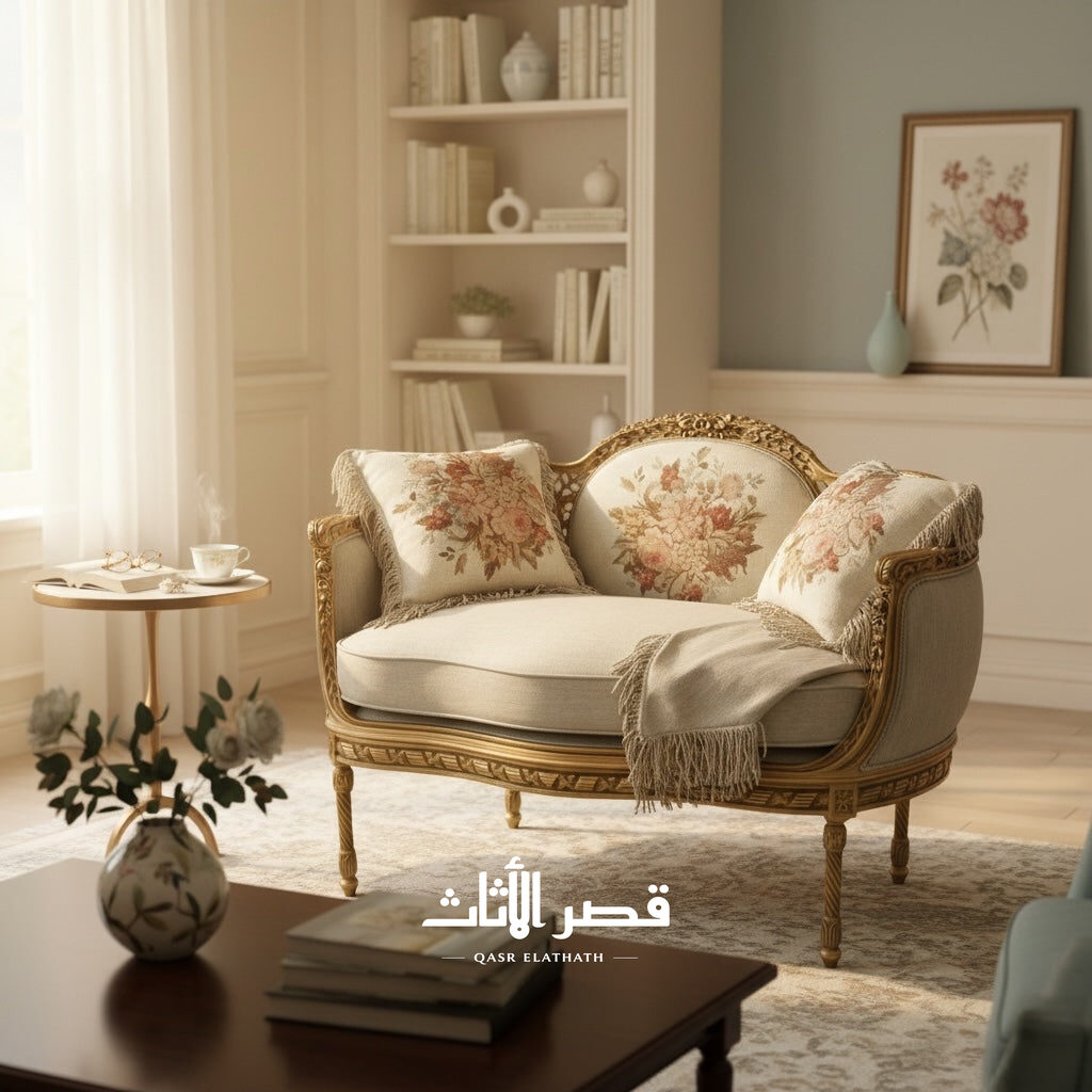 كنبة كلاسيك فاخرة بهيكل خشب الزان وزخارف محفورة يدويًا – الواجهة الأمامية