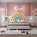 سرير أطفال بتصميم قوس قزح مبهج – شامل كومودينة – ألوان زاهية وهيكل خشبي صلب – أفضل لغرف البنات