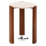 طاولة قهوة من حجر الترافرتين الطبيعي بأرجل خشبية بخيار طاولة جانبية – 46 × 46 × 61 سم