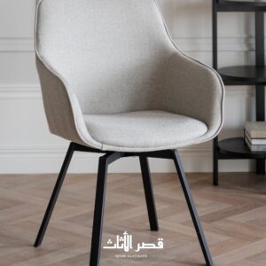 كرسي طعام دوّار بمساند مبطنة وقوائم معدنية - اللون: بيج رمادي - نوع الكسوة: قماش - صورة 1
