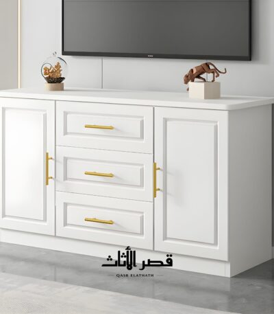 طاولة تلفزيون بثلاثة أدراج وأبواب وتنظيم أسلاك