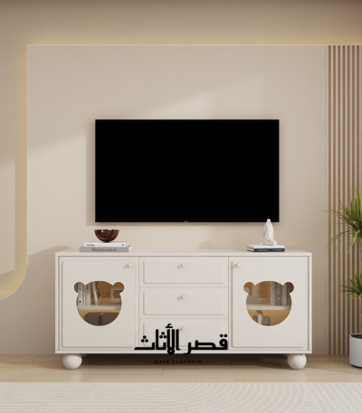 طاولة تلفزيون بأدراج وخزائن ورفوف وقوائم كروية
