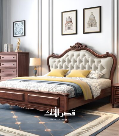 سرير خشب كلاسيكي بظهر منجد بكسوة جلد – تفاصيل 2