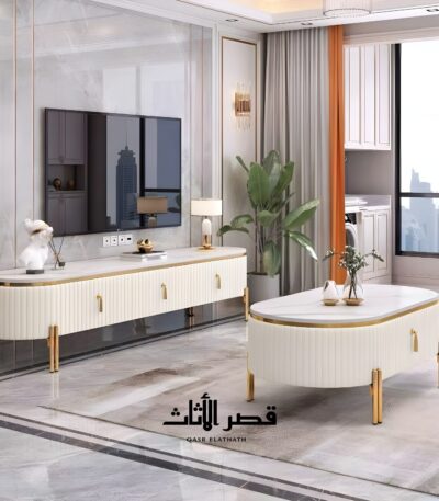 طاولة تلفزيون رخامية بأدراج بإغلاق هادئ وقوائم