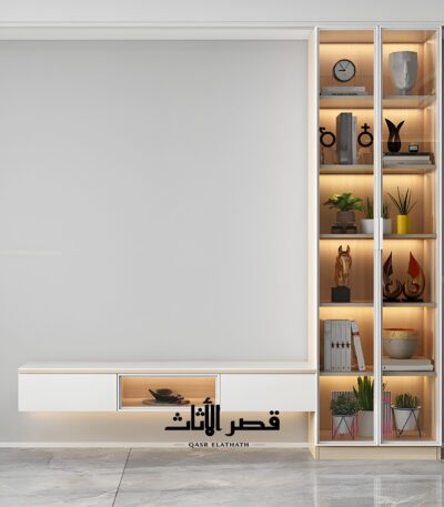 طاولة تلفزيون حجرية بخزائن ورفوف وتخزين