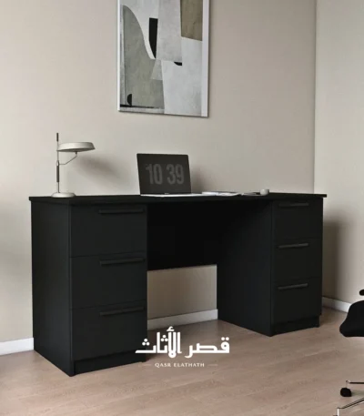 مكتب ديبلو بستة أدراج ومقابض خشبية طويلة — أسود