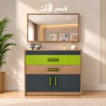 عرض توضيحي لوحدة تسريح بأدراج وبابين ومرآة