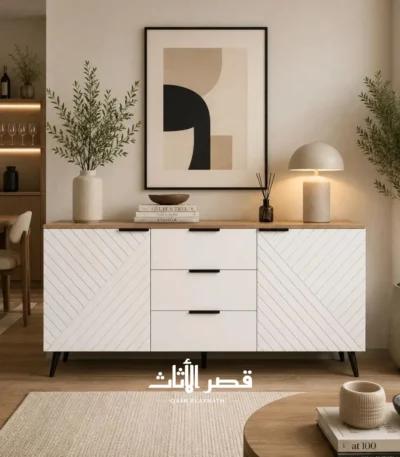 بوفيه ليان بثلاثة أبواب ناعمة الإغلاق وأرجل معدنية — أبيض