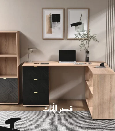 مكتب نيرا على شكل حرف إل بأربعة أرفف وثلاثة أدراج — أسود