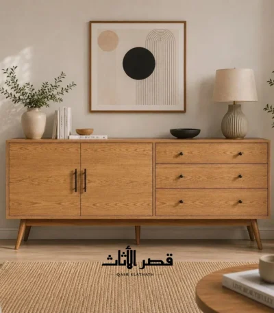 بوفيه رمال بثلاثة أدراج وأبواب جانبية وأرجل خشبية — خشبي فاتح