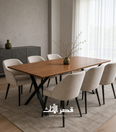 طاولة طعام إلورا بسطح خشبي وقاعدة متقاطعة - 1